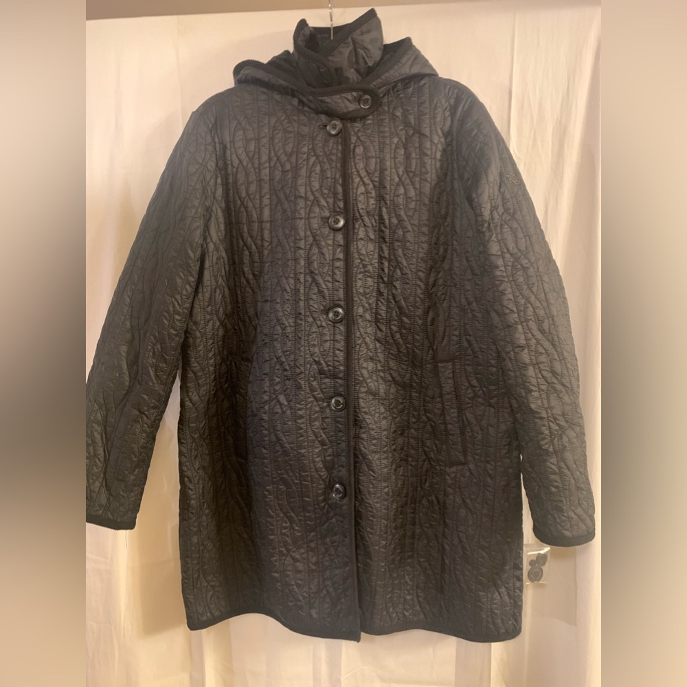 Lauren Ralph Lauren Women’s Black Hooded Blanket Quilt Long Sleeve Coat